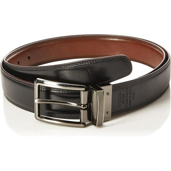 Mens reversible leather belt black brown dress casual stitched silver buckle - Picture 2 of 4